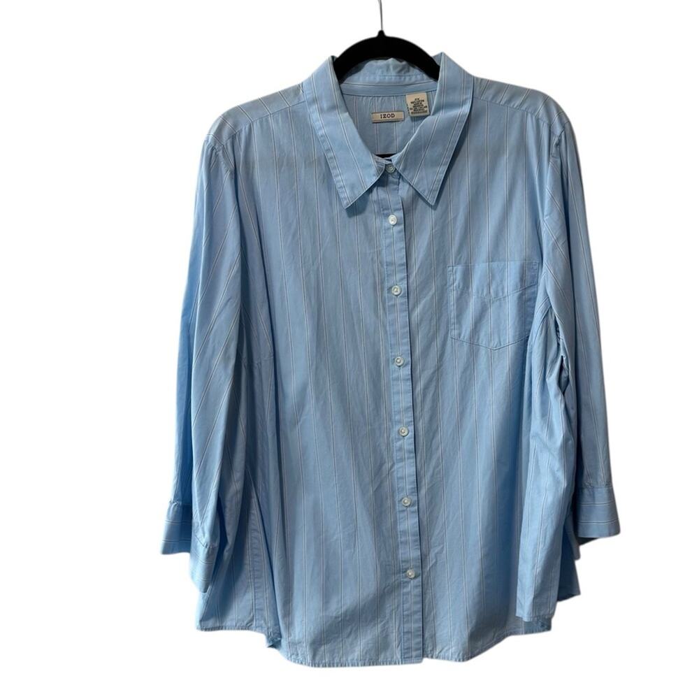 Izod Bracelet Sleeve Front Button Up Collared Stripe Shirt Blue White 2X Plus